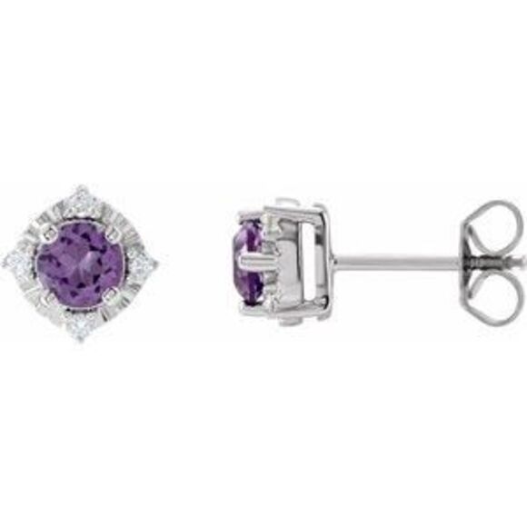 Sterling Silver Natural Amethyst .08 CTW Natural Diamond Halo-Style Earrings